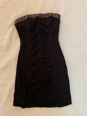 Small Black Strapless Ruched Cocktail Dress with Stud Trim